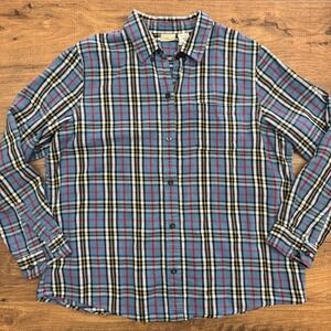 LL Bean Womens Large Blue Plaid Flannel Shirt LS Button Up Shirt Outdoors Hike